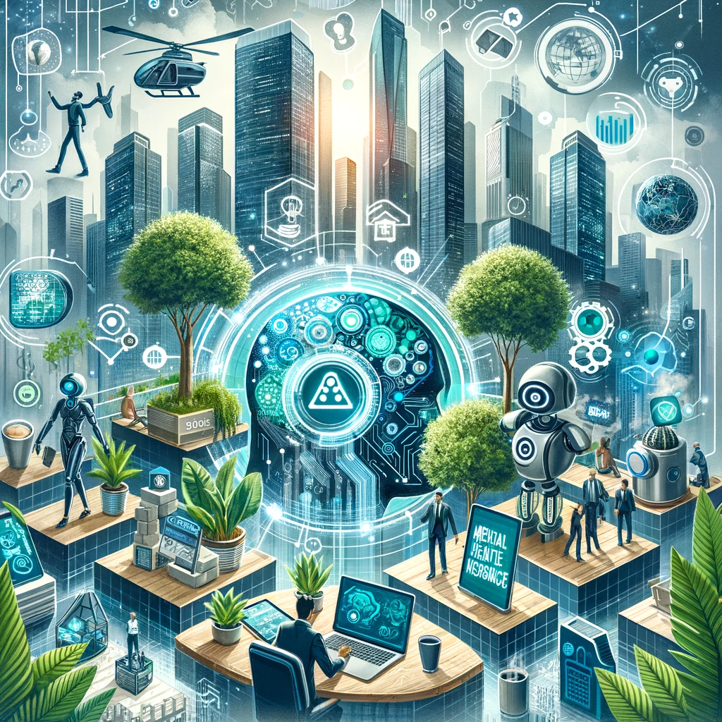 DALL·E 2024-01-14 19.46.13 – A futuristic and innovative illustration showcasing business trends in 2024. The image should feature a modern cityscape with skyscrapers, intertwined