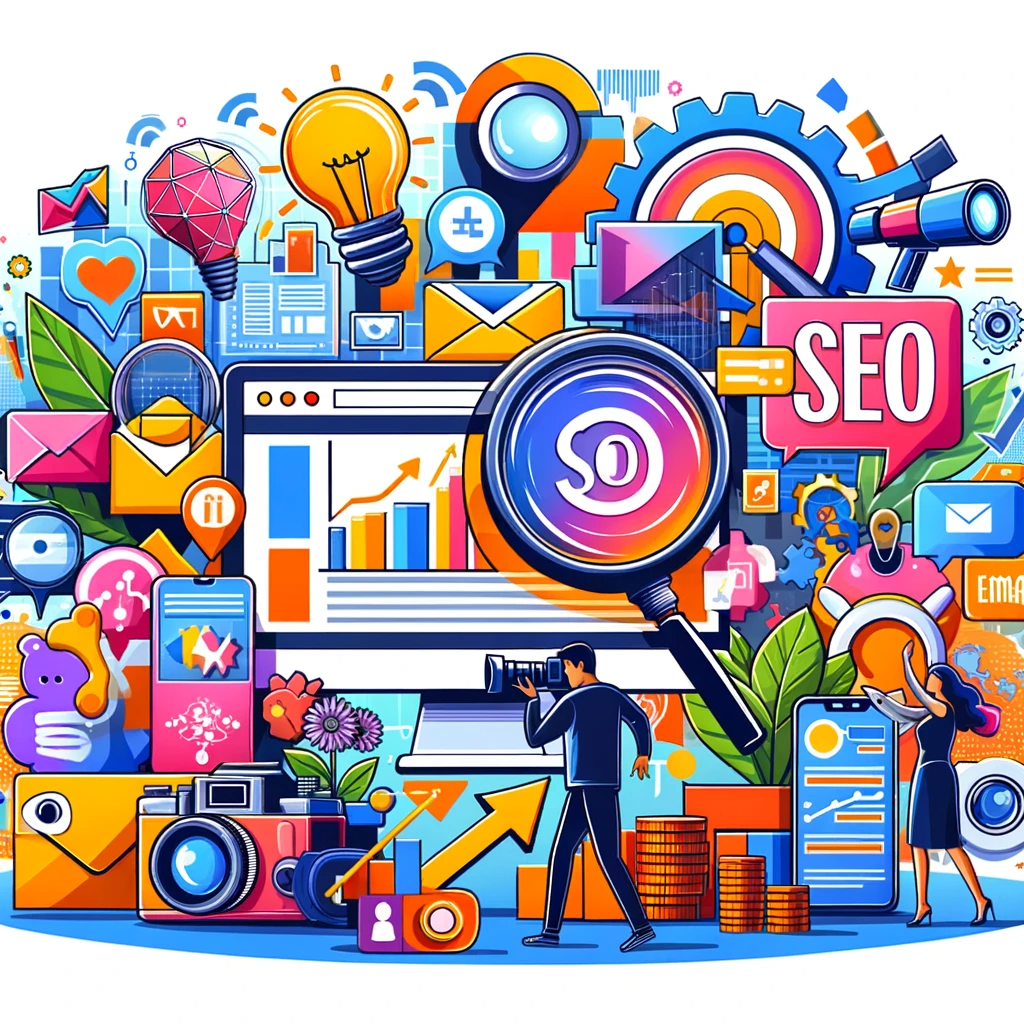 DALL·E 2024-01-14 19.42.36 – A vibrant and engaging illustration showcasing popular marketing strategies. The image should feature a collage of marketing elements such as a conten