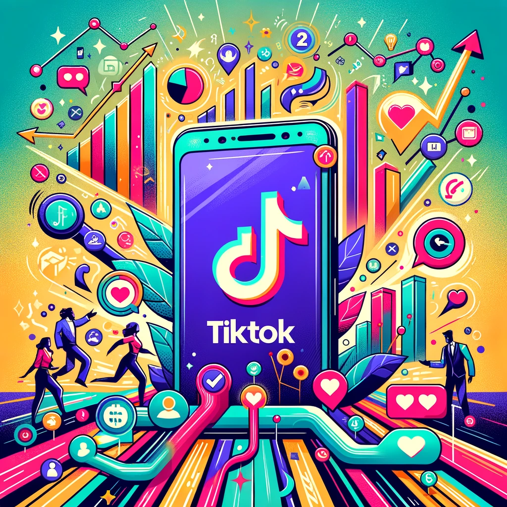 DALL·E 2024-01-14 19.52.37 – A dynamic and trendy illustration showcasing the use of TikTok for business leads. The image should feature a lively scene with a smartphone displayin