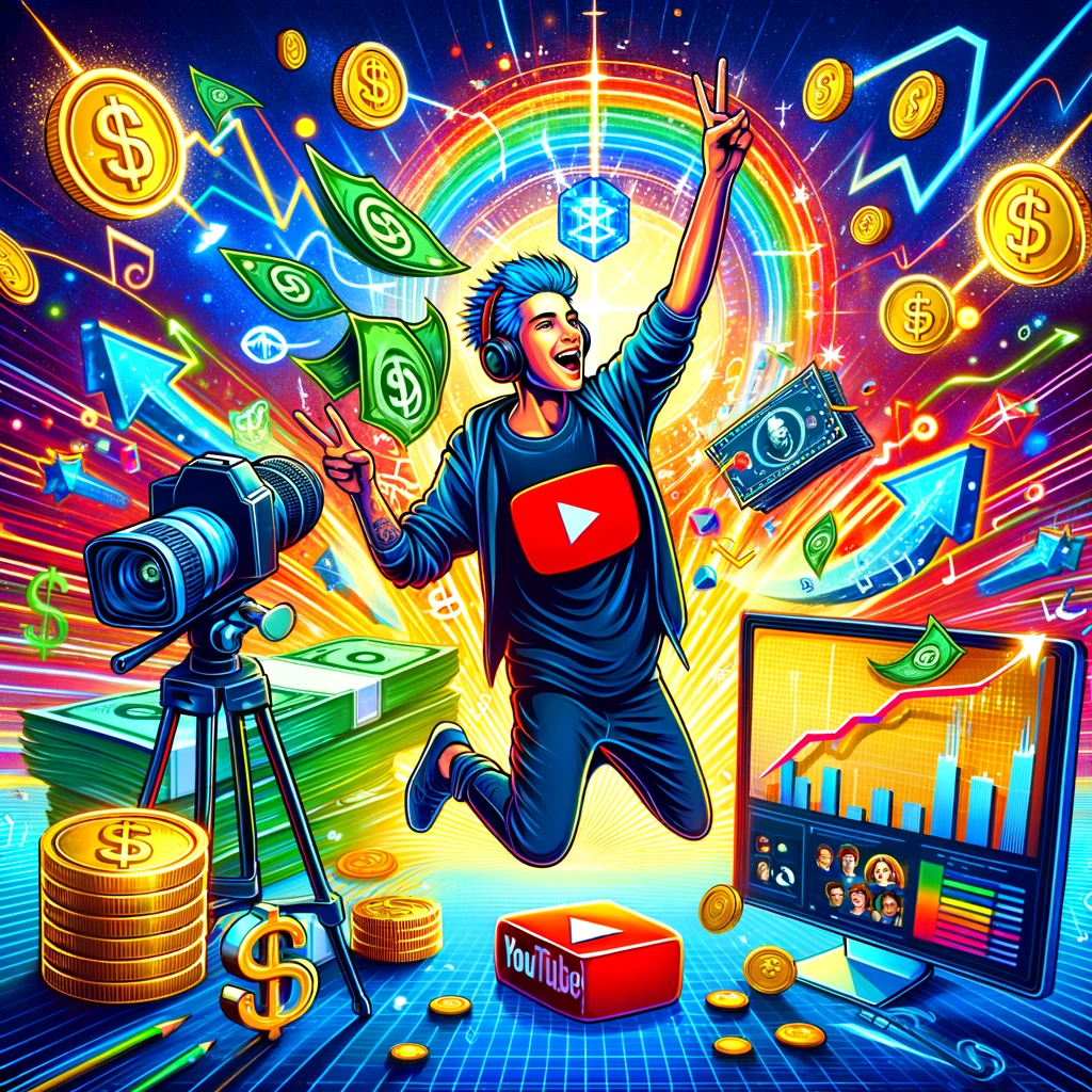 DALL·E 2024-01-14 19.29.11 – A vibrant and dynamic illustration showcasing how to make money on YouTube. The image should feature a lively depiction of a YouTuber with a camera an