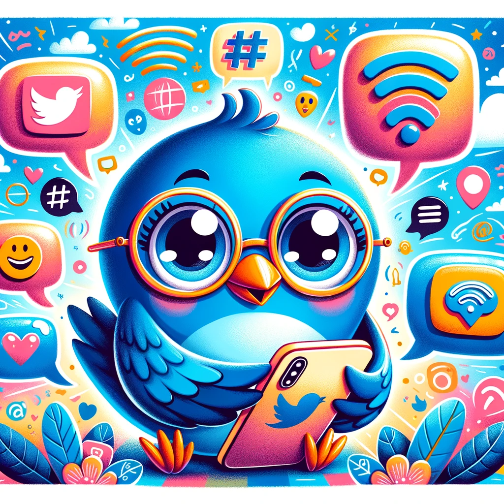 DALL·E 2024-01-14 19.17.52 – A whimsical and colorful illustration representing Twitter for beginners. The image should feature a large, friendly blue bird (symbolizing Twitter) w